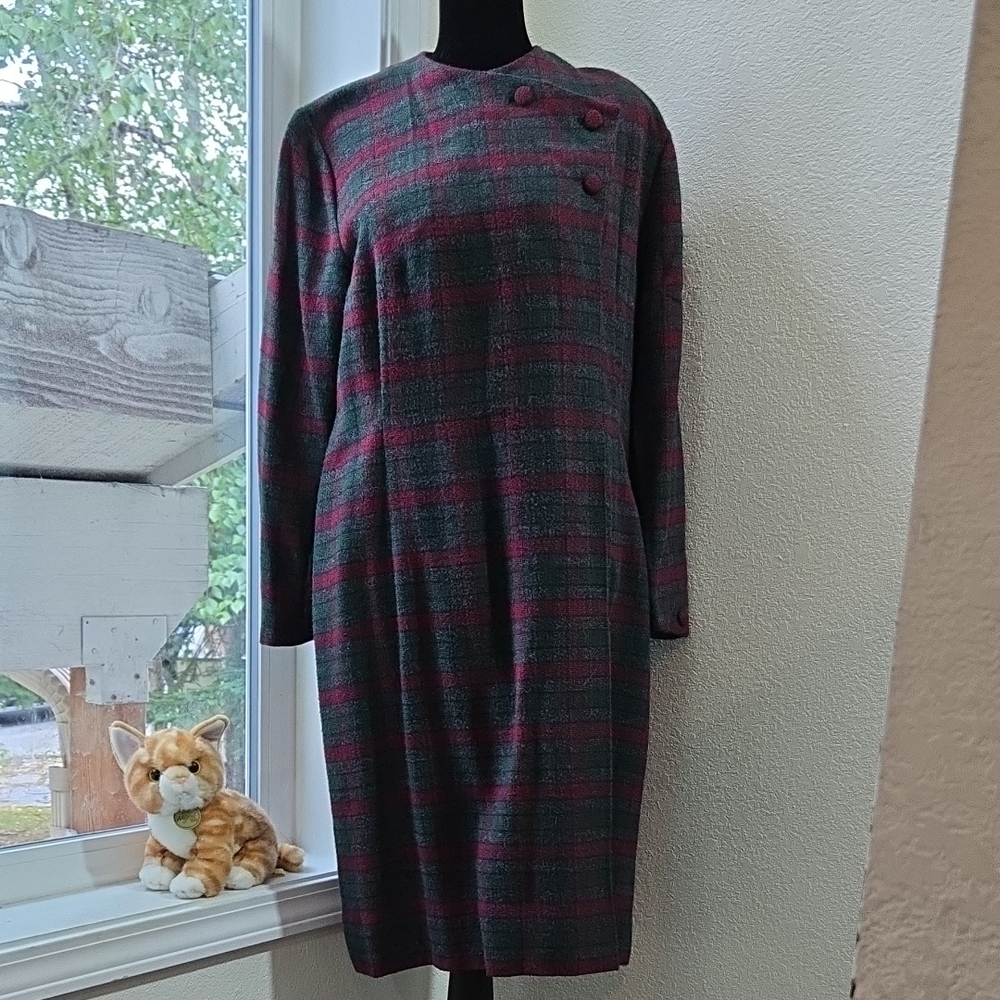 Homemade 1970s Plaid Long Sleeve Wool Dress